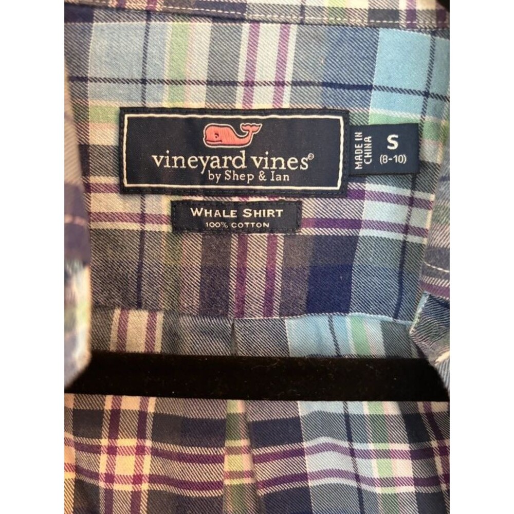 Vineyard Vines Youth Whale Shirt Plaid Button Down Blue Purple Size Small 8-10